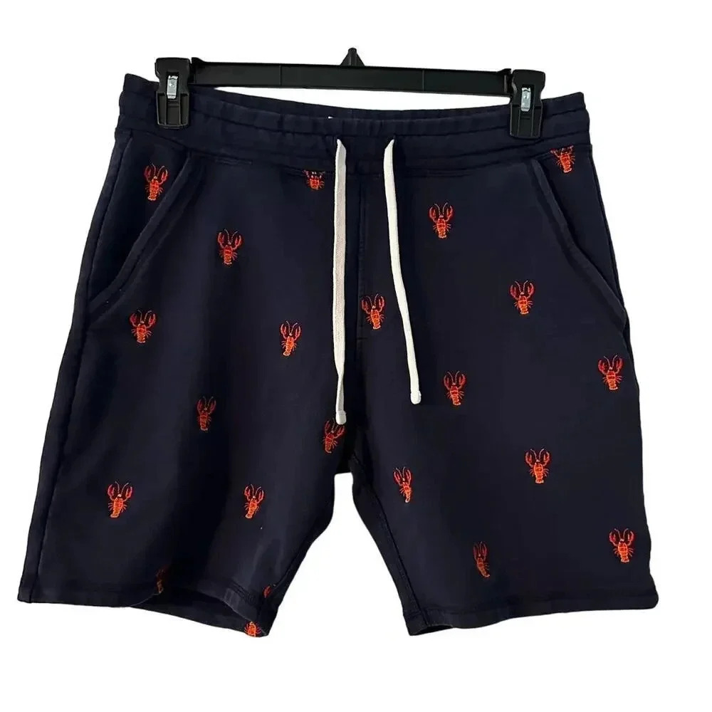 Men's Navy Lobster Embroidered Flat Front Shorts